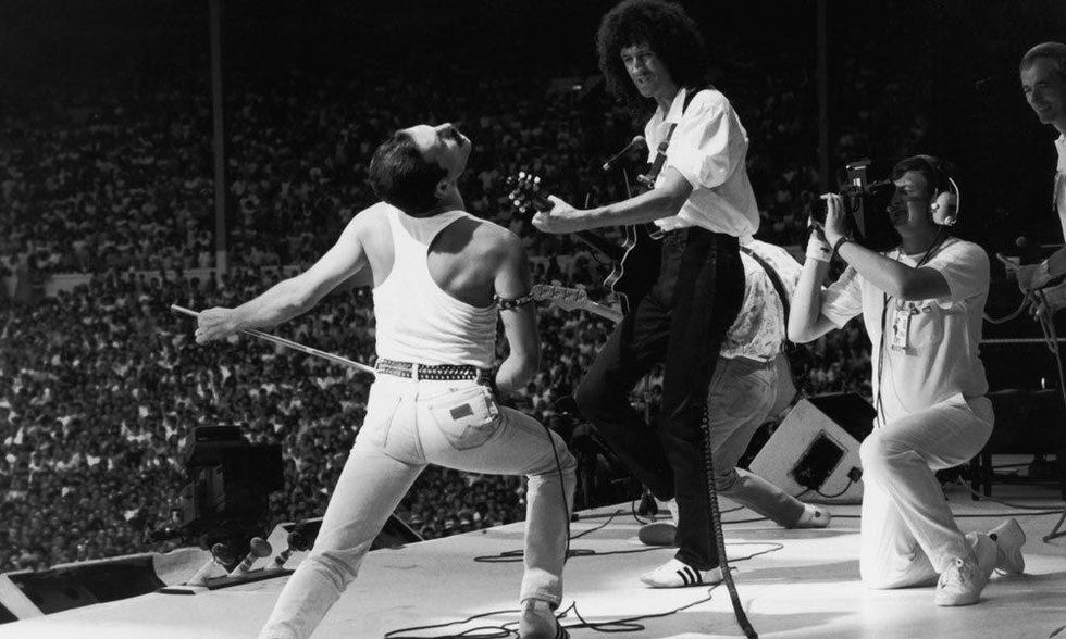 Queen performing at Wembley Stadium in London for Live Aid Music Festival