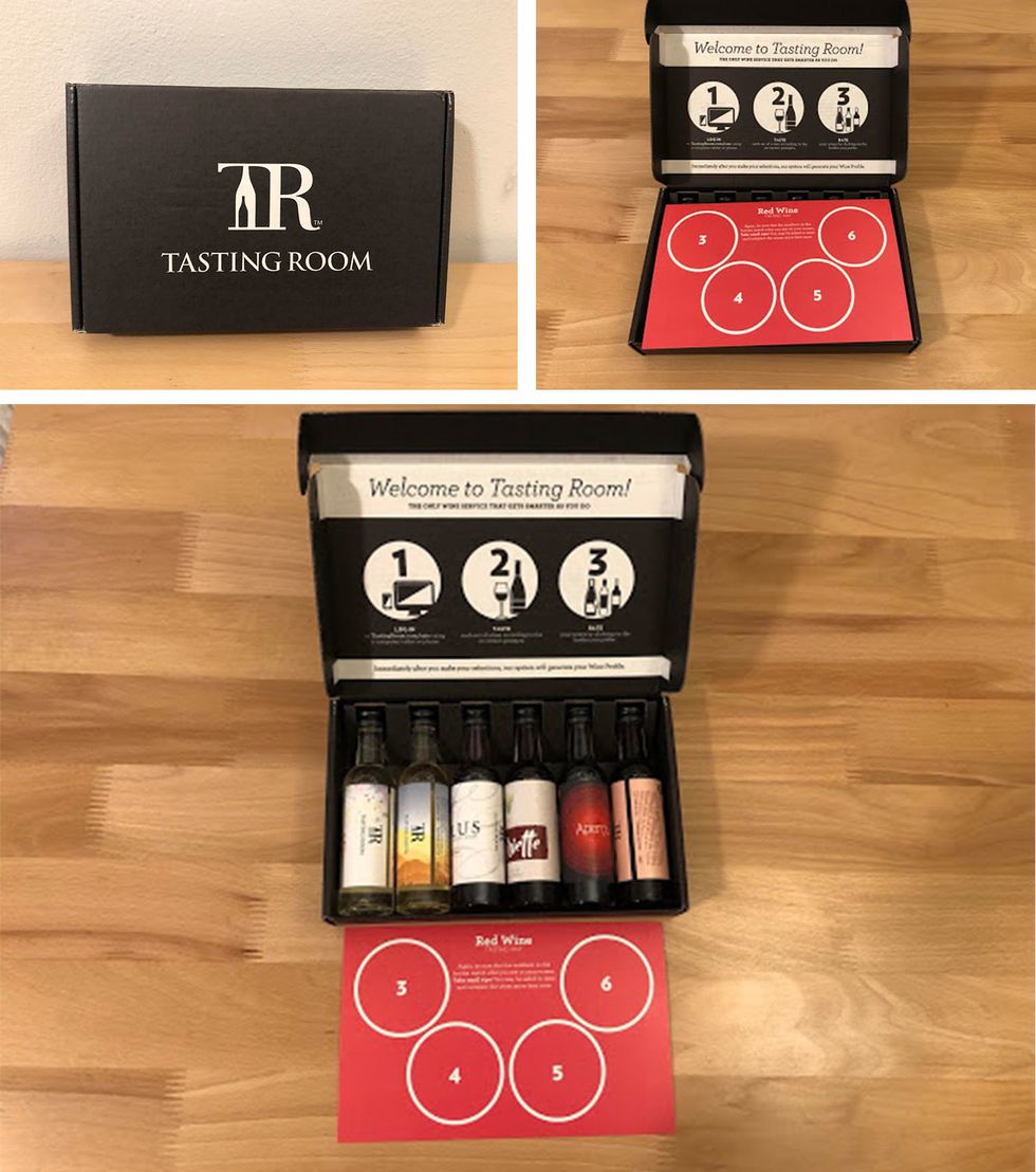 a box of 6 tasting room wines from 3 angles